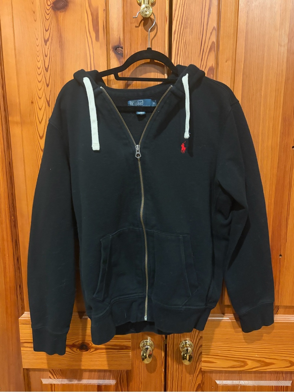 Polo by Ralph Lauren Black Zip-Up Hoodie with Red Pony and White Drawcords